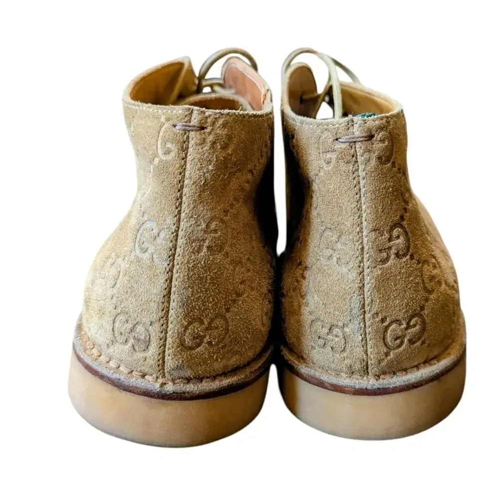 Gucci Antigua Ankle Boots Tan Suede GG Monogram Chukka Desert Mens 10 Italy